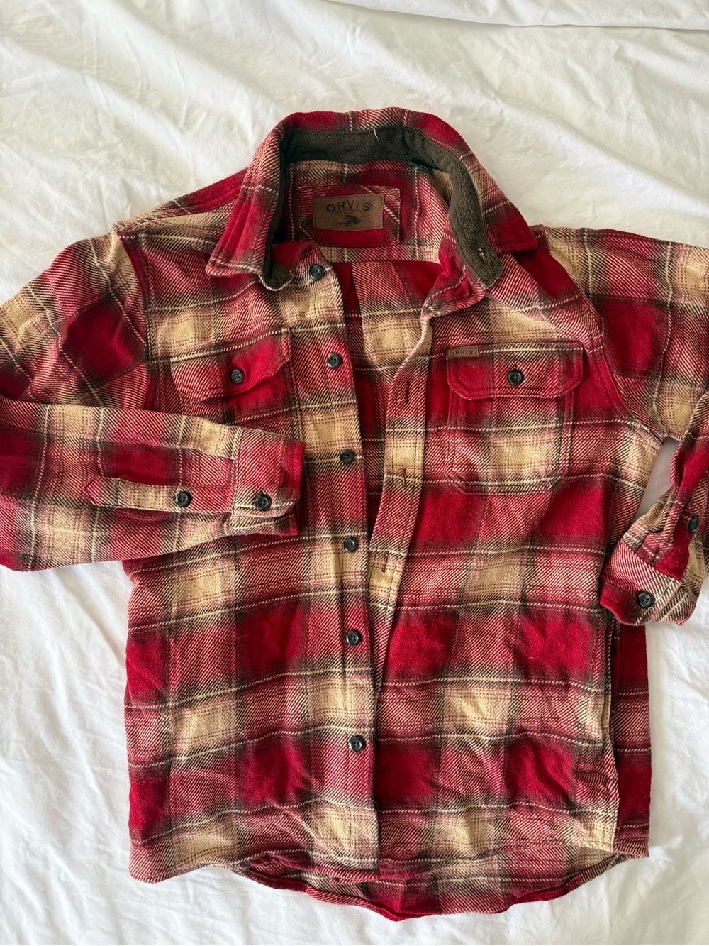 Small Men’s Orvis Red and Cream Plaid Button-Front Flannel Jacket
